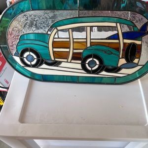 Stained Glass Hanging Art Window Sun Catcher Vintage Station Wagon Woody Surfer